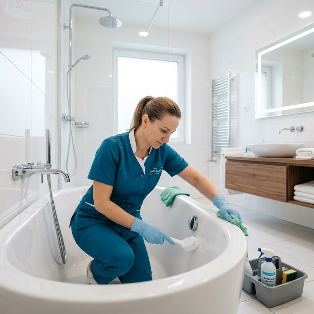 Bigdar Cleaning deep cleaning specialist scrubbing bathroom in Bellevue home