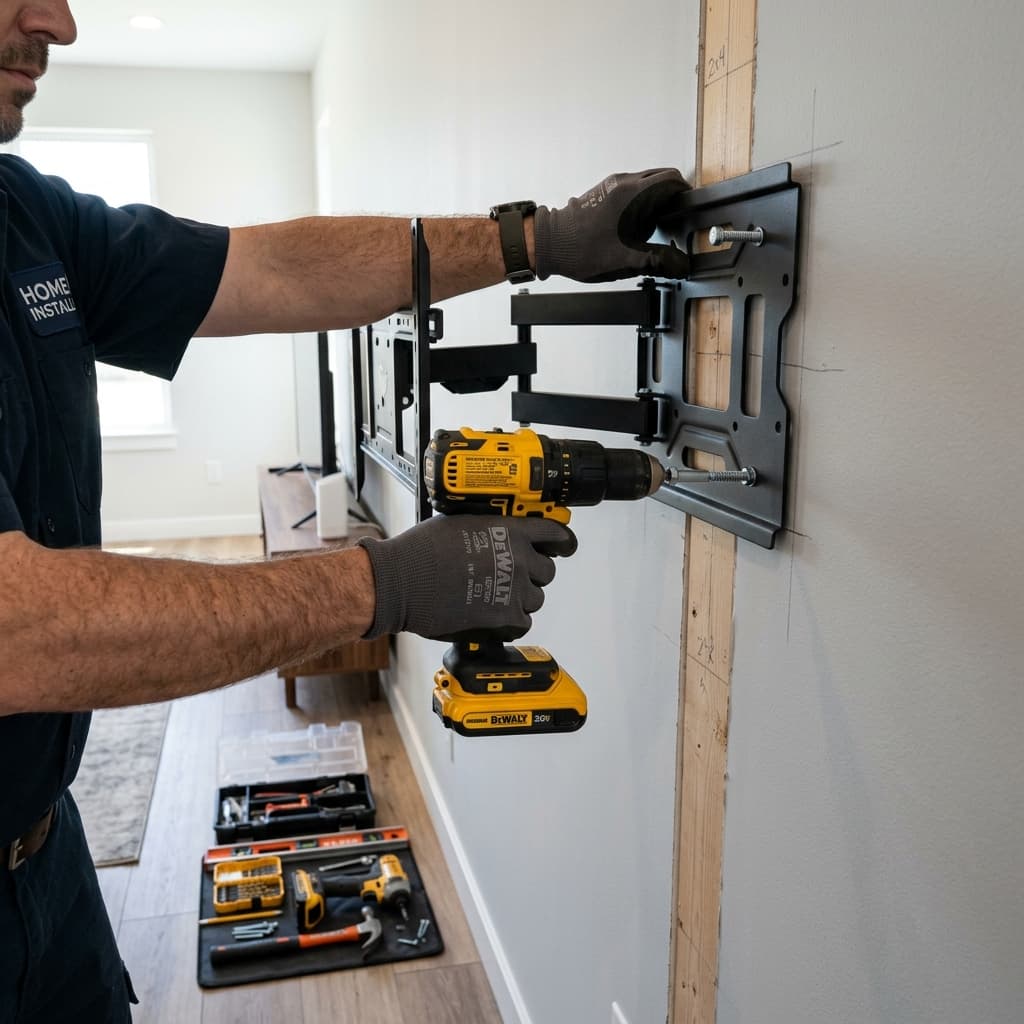 Technician drilling TV wall bracket into wood studs for a precise and safe flat screen installation